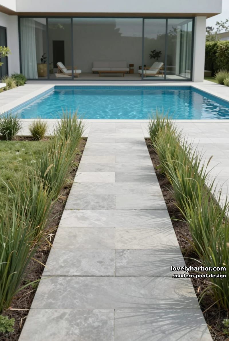 pool with wide stone steps, ornamental grasses, glass walls, and minimalist interior. 1