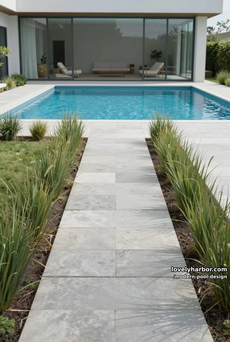 pool with wide stone steps, ornamental grasses, glass walls, and minimalist interior. 1