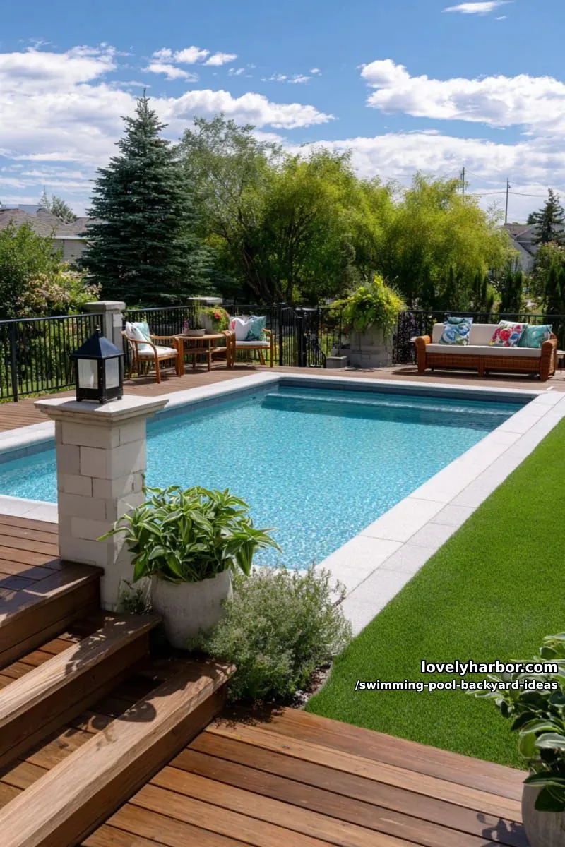 pool with wooden deck, lantern pillar, lush plants, and colorful seating area 1