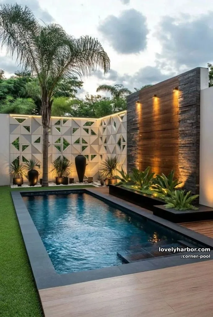 Pool 8 pool with wooden deck, led lighting, and geometric partition wall 6