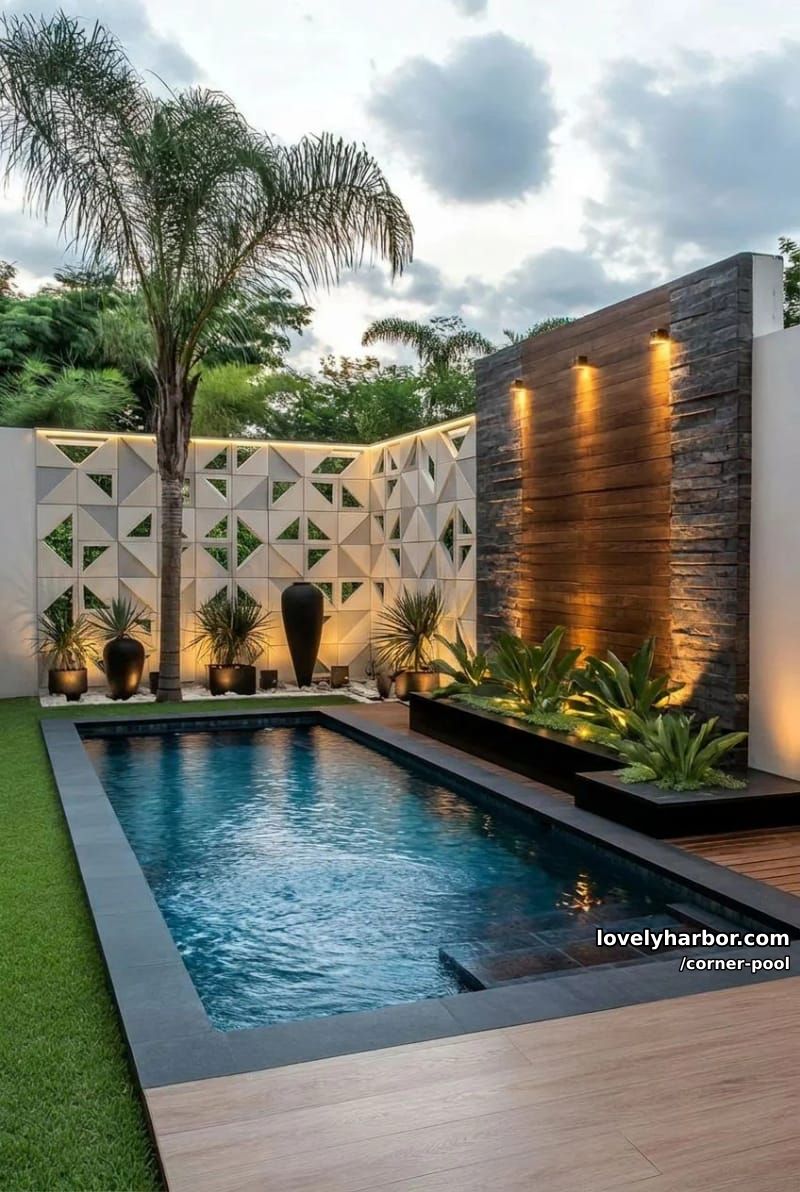 pool with wooden deck, led lighting, and geometric partition wall 1