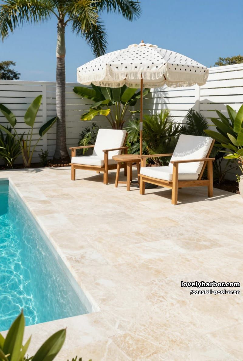 20 Unique Coastal Pool Area to Inspire Your Backyard 11 poolside armchairs, polka-dot parasol, tropical plants, white privacy fence 1