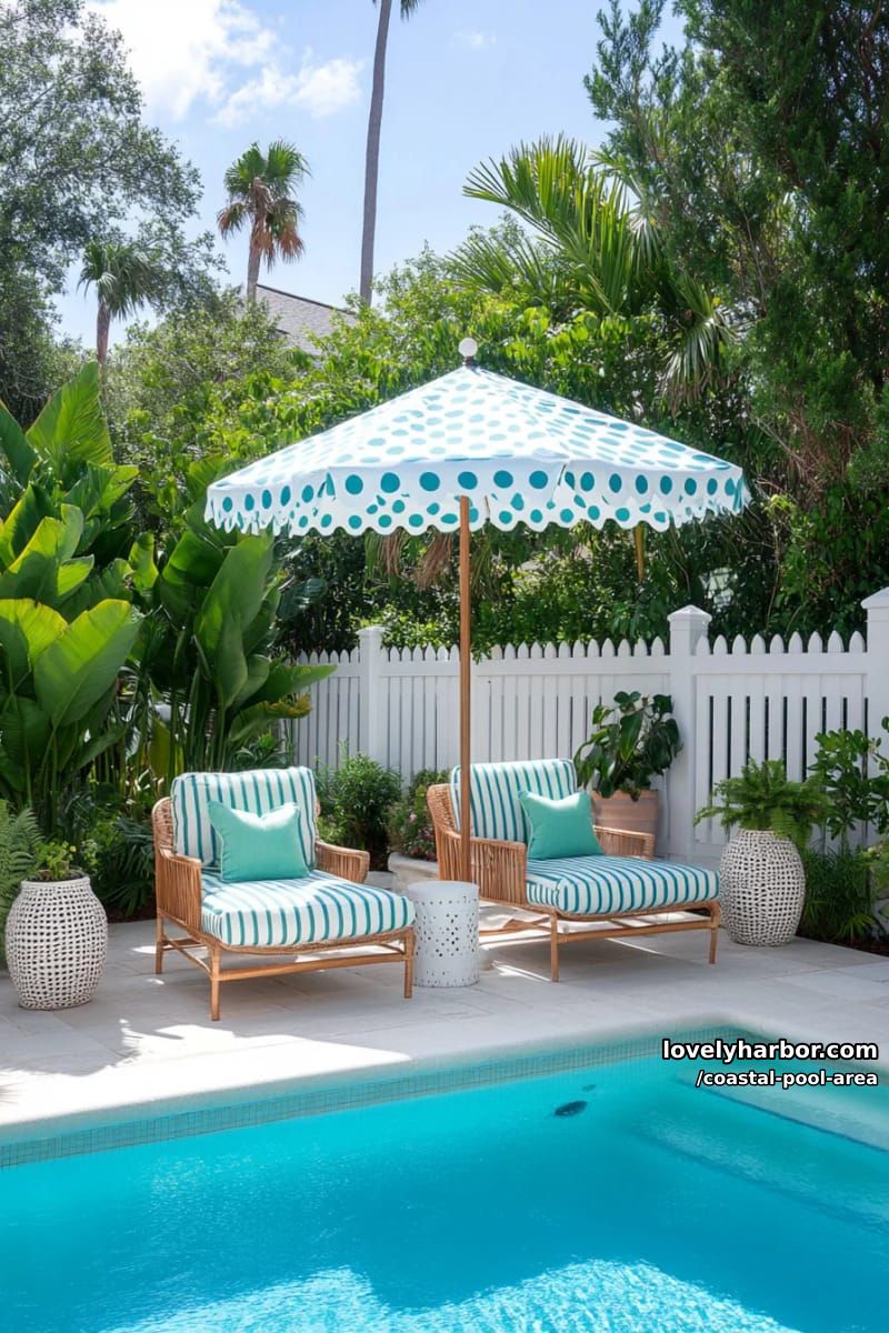 20 Unique Coastal Pool Area to Inspire Your Backyard 10 poolside armchairs, polka-dot parasol, tropical plants, white privacy fence 1