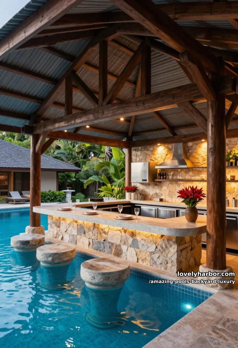poolside bar and kitchen under pavilion, submerged stone stools, glowing blue pool, tropical plants. 1