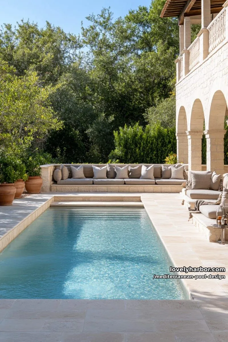 poolside travertine patio with cushioned benches, terrace lounge, and arched colonnade. 1