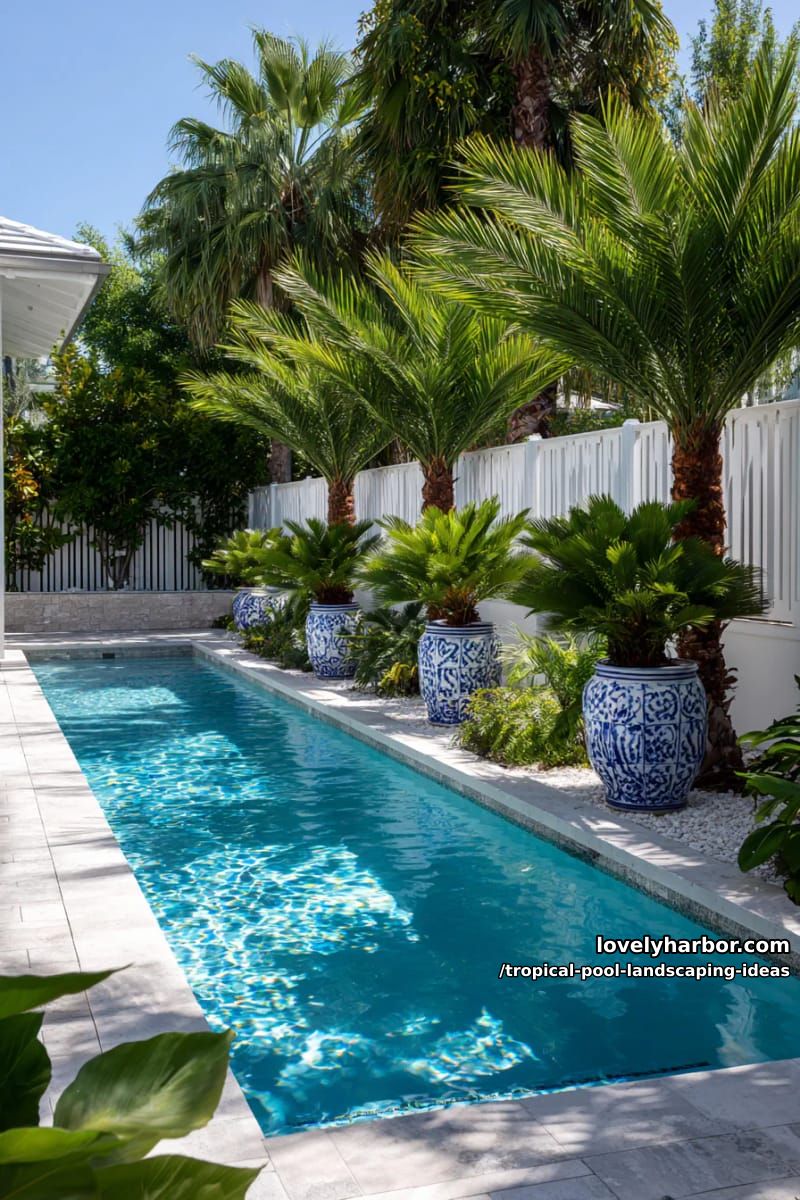 poolside with blue and white ceramic pots, sago palms, white slat fence. 1