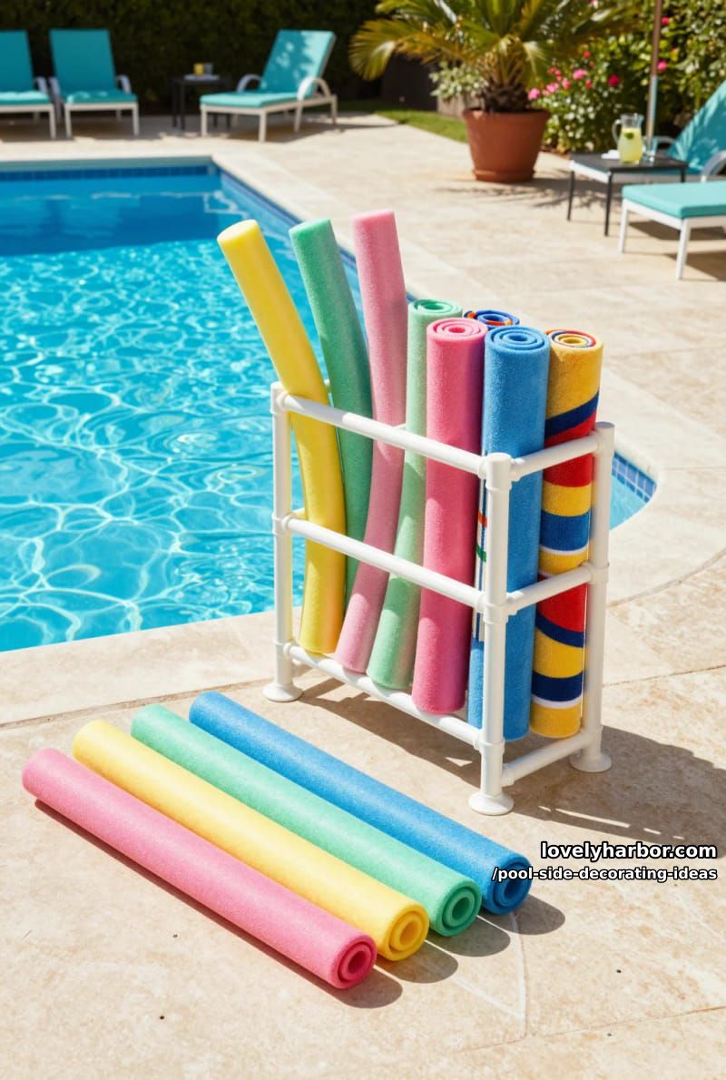 pvc rack for pool noodles and towels beside bright blue pool. 1
