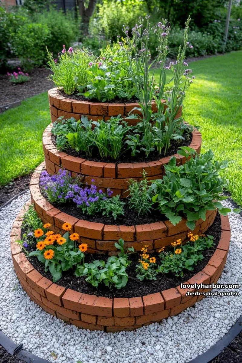 20 Unique Herb Spiral Garden Designs for Modern Yards 3 raised brick spiral herb bed with dense green herbs and flowers. 1