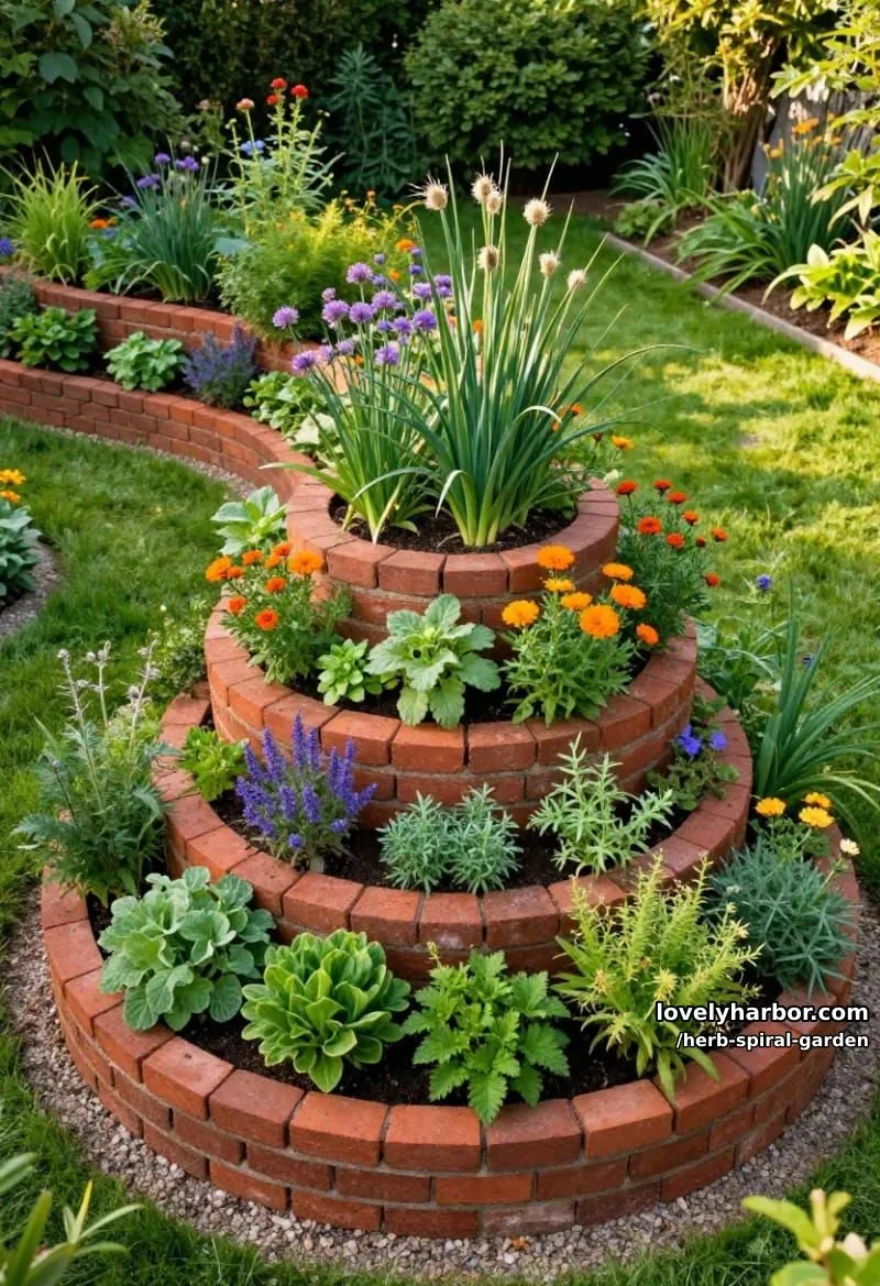 20 Unique Herb Spiral Garden Designs for Modern Yards 4 raised brick spiral herb bed with dense green herbs and flowers. 1