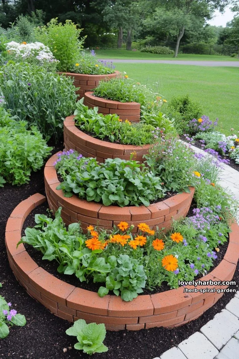 20 Unique Herb Spiral Garden Designs for Modern Yards 5 raised brick spiral herb bed with dense green herbs and flowers. 1