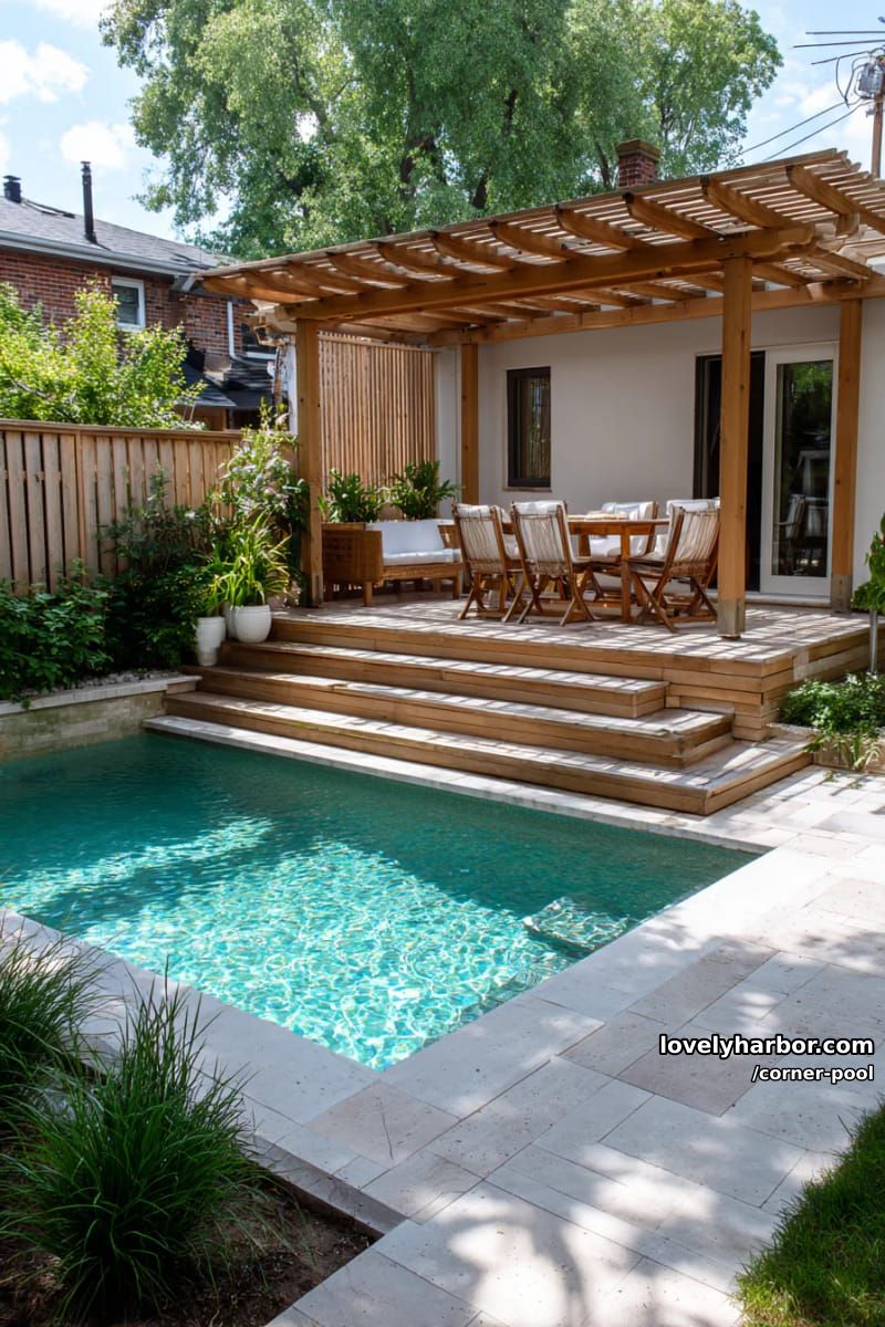raised deck patio with pergola, wooden chairs, and turquoise pool 1