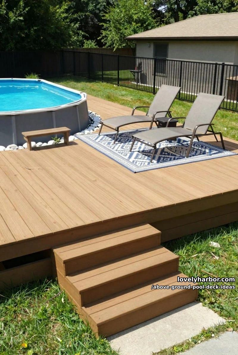 raised deck with lounge chairs and geometric rug beside circular pool. 1