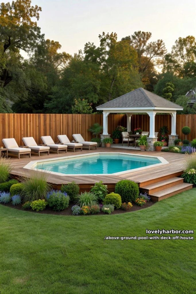 raised octagonal pool with deck, lounge chairs, gazebo, and landscaped garden 22