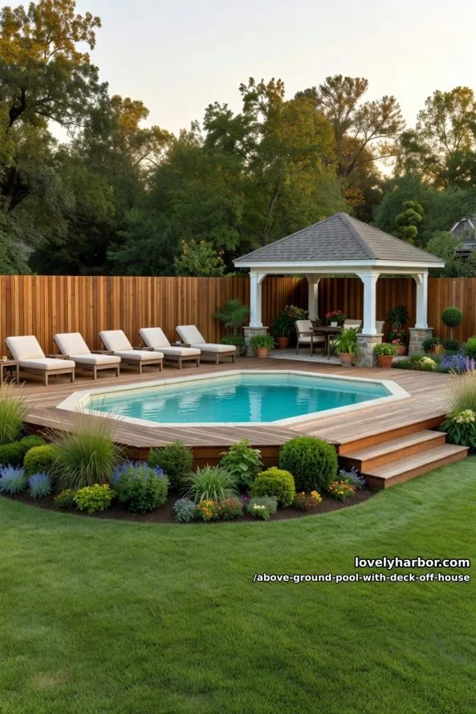 Pool 5 raised octagonal pool with deck, lounge chairs, gazebo, and landscaped garden 22