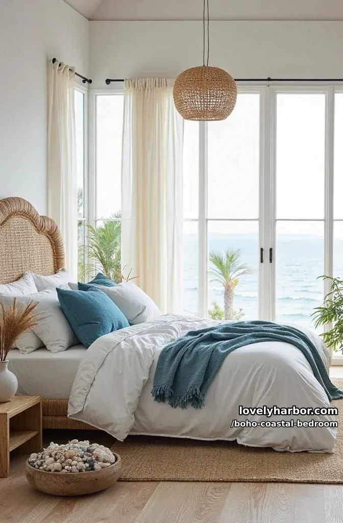 20 Boho Coastal Bedroom Ideas for a Dreamy Retreat 15 rattan bed coastal bedroom with blue accents, pendant lights, and ocean view. 1