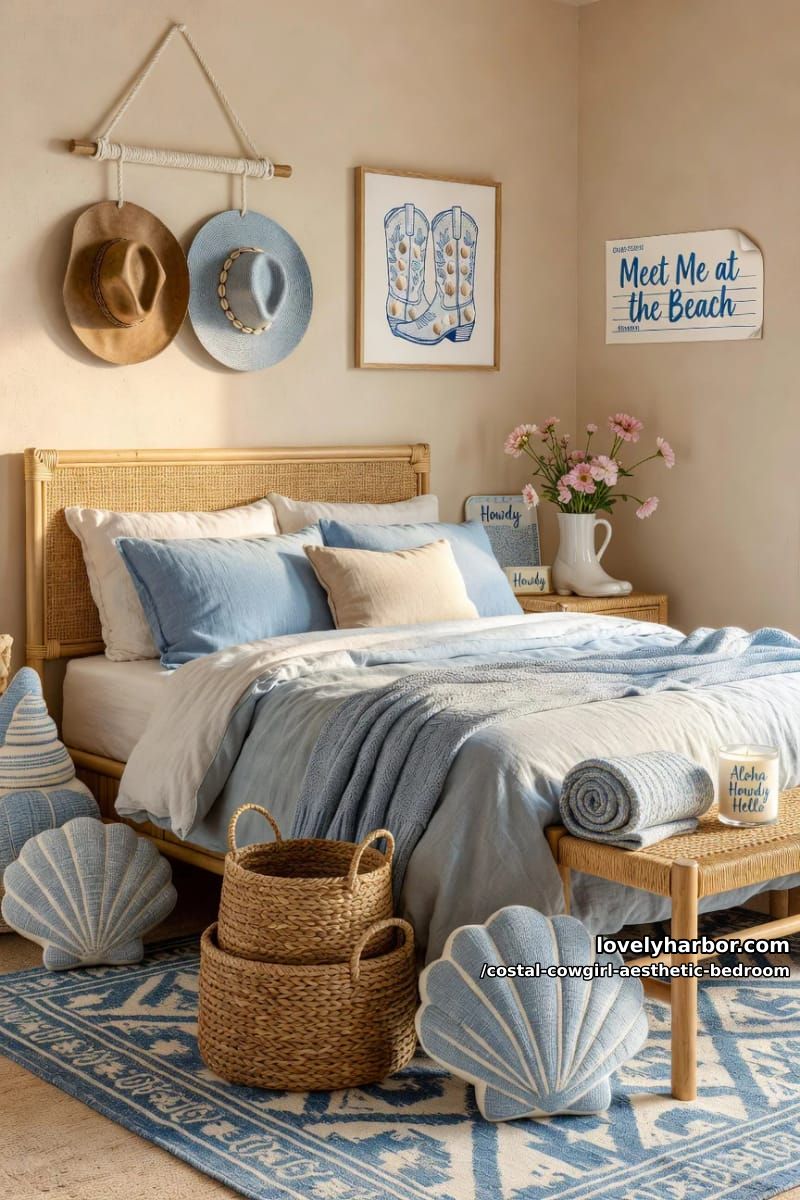 rattan bed frame, woven baskets, shell pillows, boot art, and playful accents 1