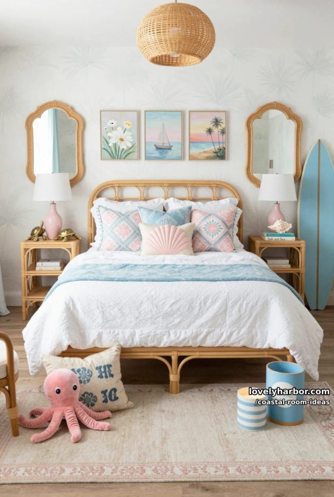 rattan bed with blue and pink pillows, tropical art, and surfboard accent. 19