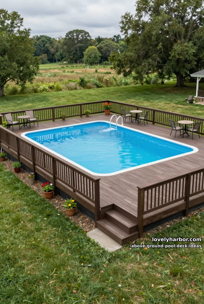 rectangular above-ground pool set in elevated deck with bar seating. 1