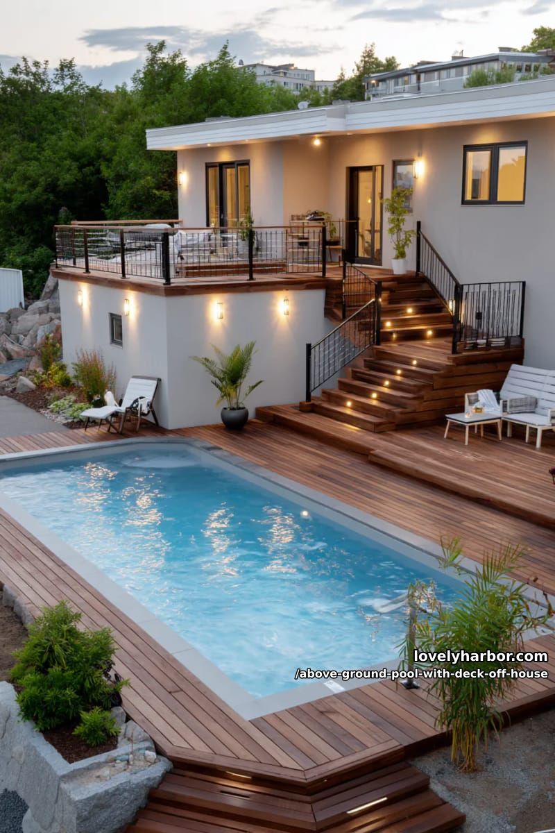 rectangular above-ground pool with multi-level deck, metal railings, and lighting 1