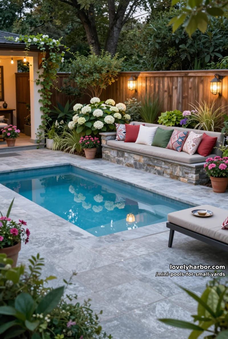 rectangular backyard pool, gray stone tiles, underwater steps, stone bench, and lanterns. 1