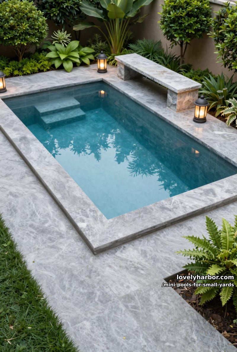 rectangular backyard pool, gray stone tiles, underwater steps, stone bench, and lanterns. 1