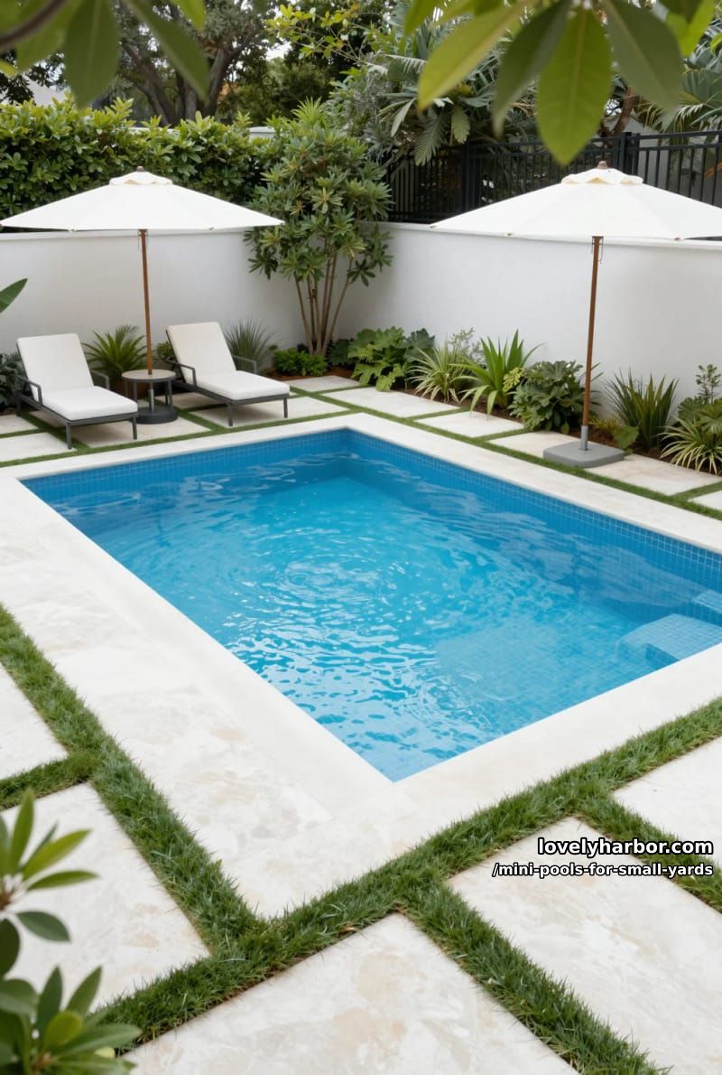 rectangular backyard pool, white stone tiles, geometric grass strips, and lounge chairs. 1