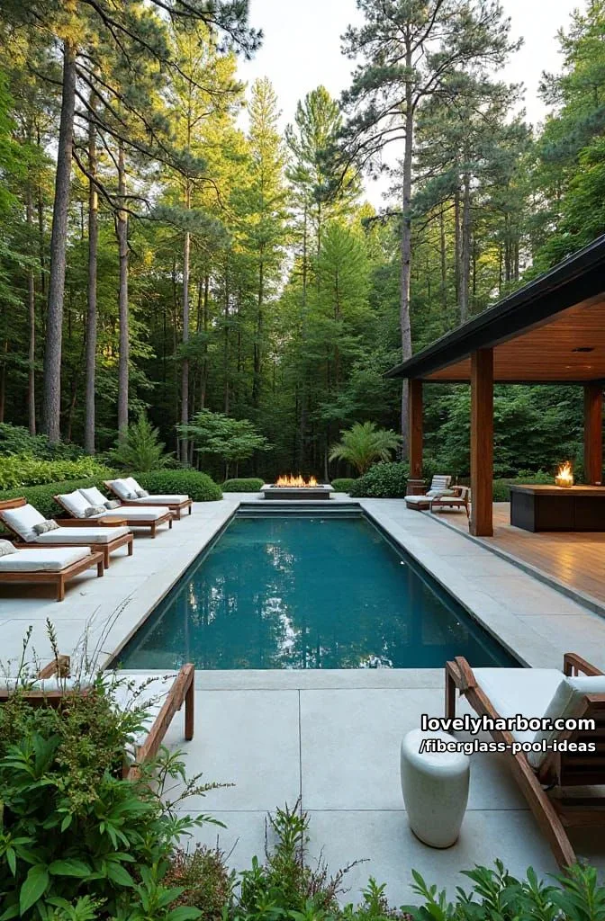 20 Fiberglass Pool Ideas for a Cozy Outdoor Retreat 3 rectangular backyard pool with concrete deck, wooden loungers, and forest backdrop. 1