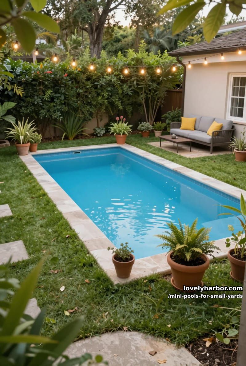 rectangular backyard pool with stone border, lush grass, string lights, and cozy seating. 1
