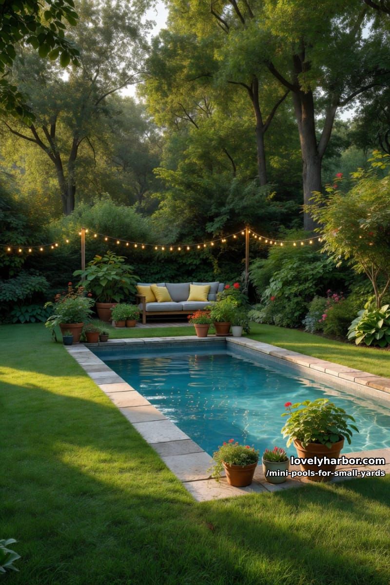 rectangular backyard pool with stone border, lush grass, string lights, and cozy seating. 1