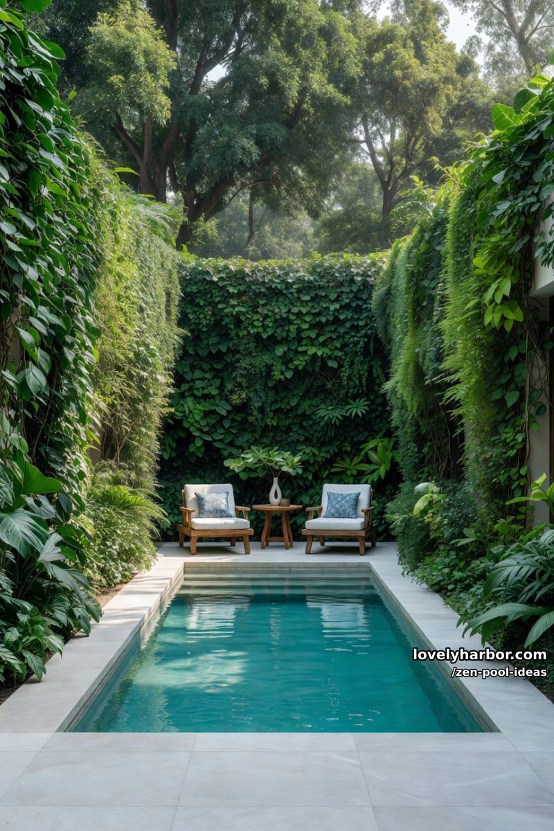 rectangular courtyard pool surrounded by vines and two wooden lounge chairs. 1