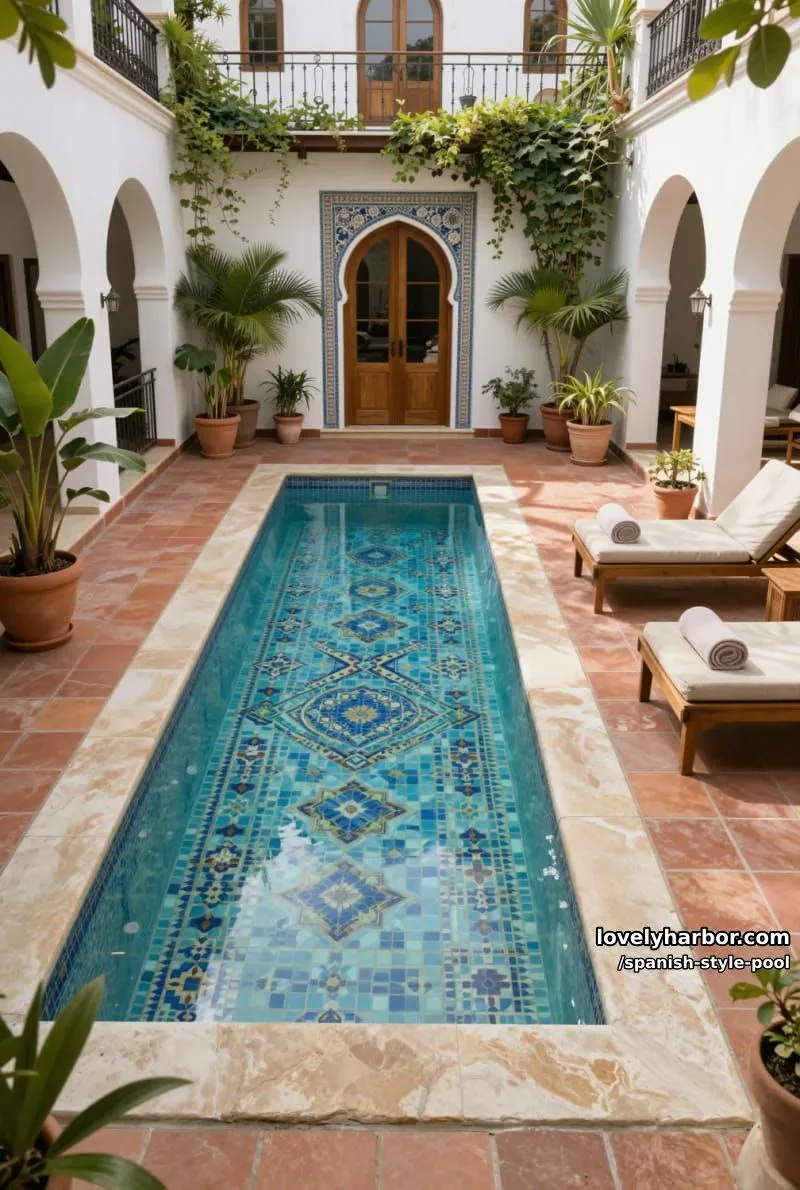 rectangular courtyard pool with mosaic tiles, lush plants, and arched doorways. 1