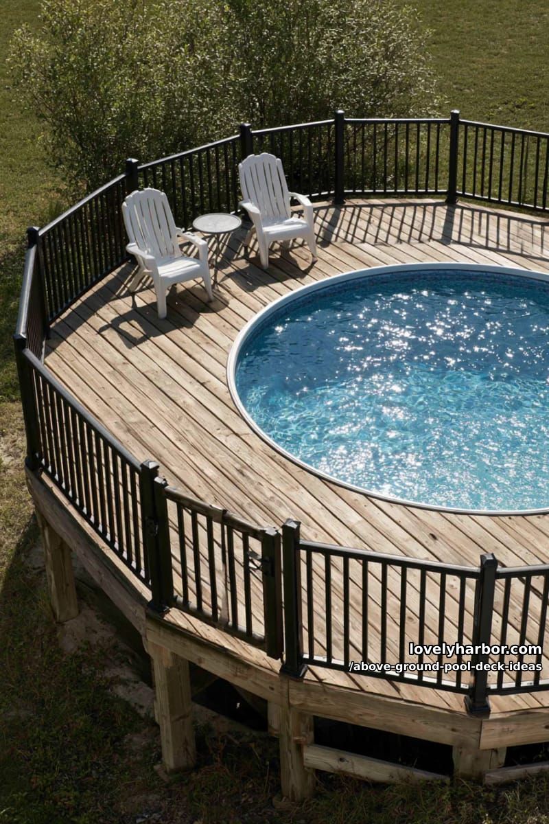 rectangular deck with metal railings, gated entrance, and simple poolside seating. 1