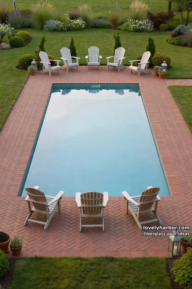 20 Fiberglass Pool Ideas for a Cozy Outdoor Retreat 10 rectangular fiberglass pool with adirondack seating, brick pavers, and relaxed backyard layout. 1