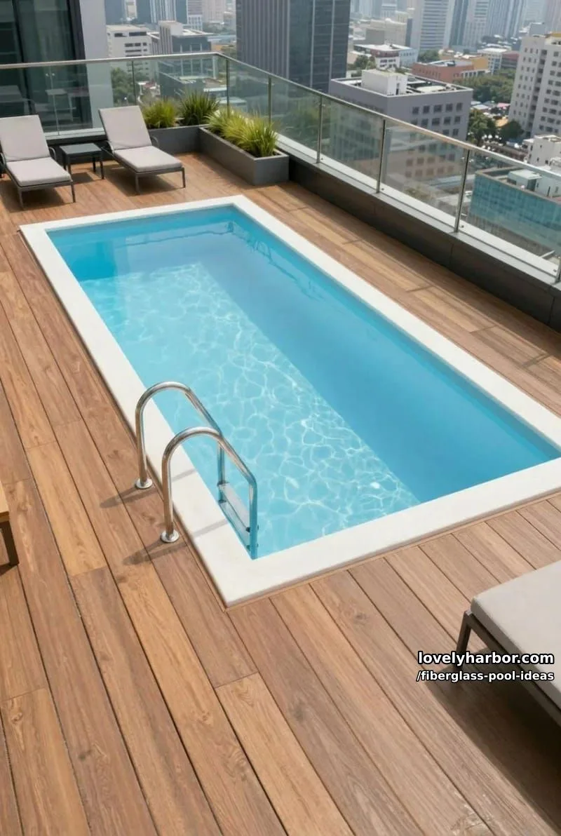 20 Fiberglass Pool Ideas for a Cozy Outdoor Retreat 16 rectangular fiberglass rooftop pool with wood decking, city views, and compact layout. 1
