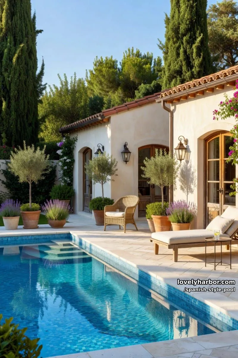 rectangular mosaic-tiled pool, olive trees, arched windows, and secluded patio. 1