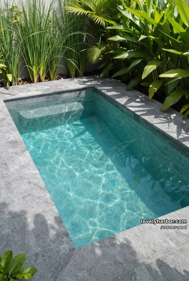 rectangular plunge pool with dark stone tiles and dense tropical plants 1