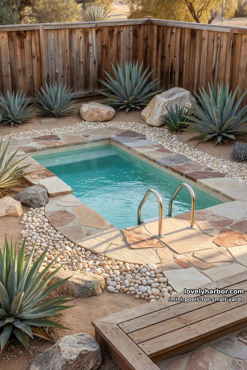 rectangular plunge pool with flagstone edge, desert landscaping, and wooden fencing. 5