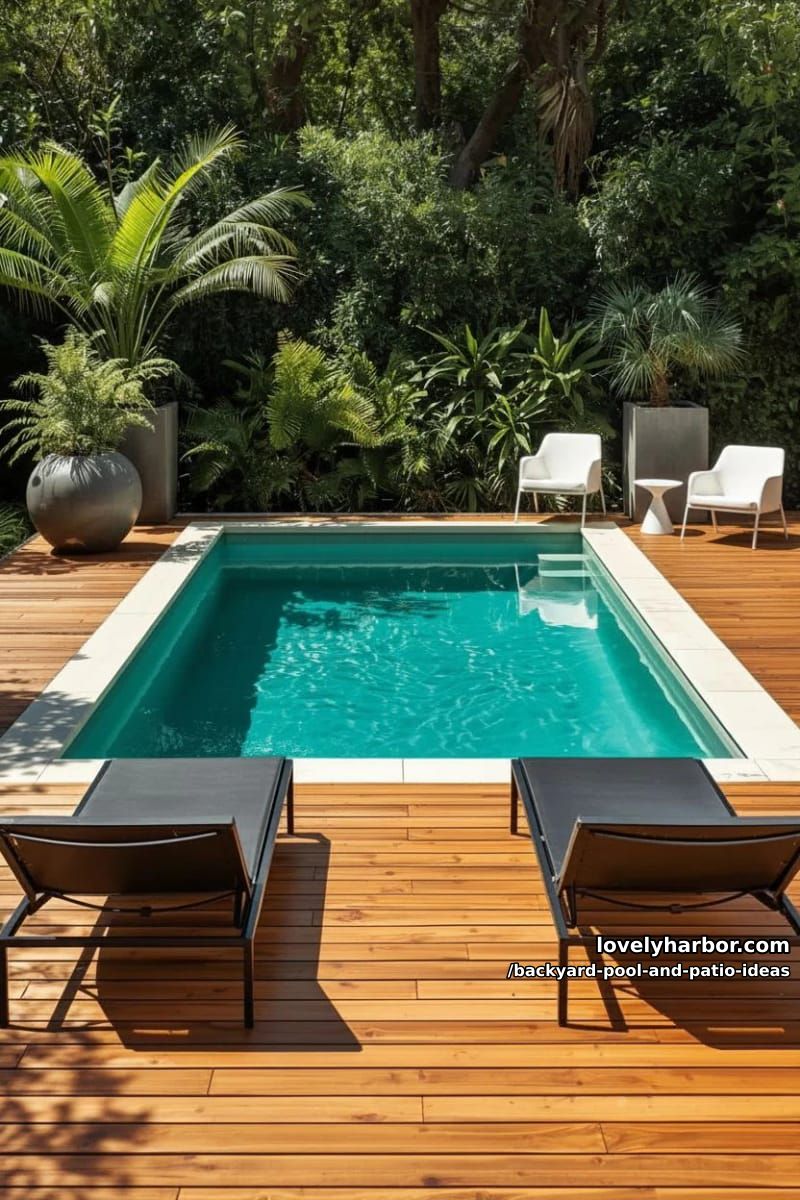 rectangular plunge pool, wooden deck, black loungers, white armchairs, planters, lush garden. 1