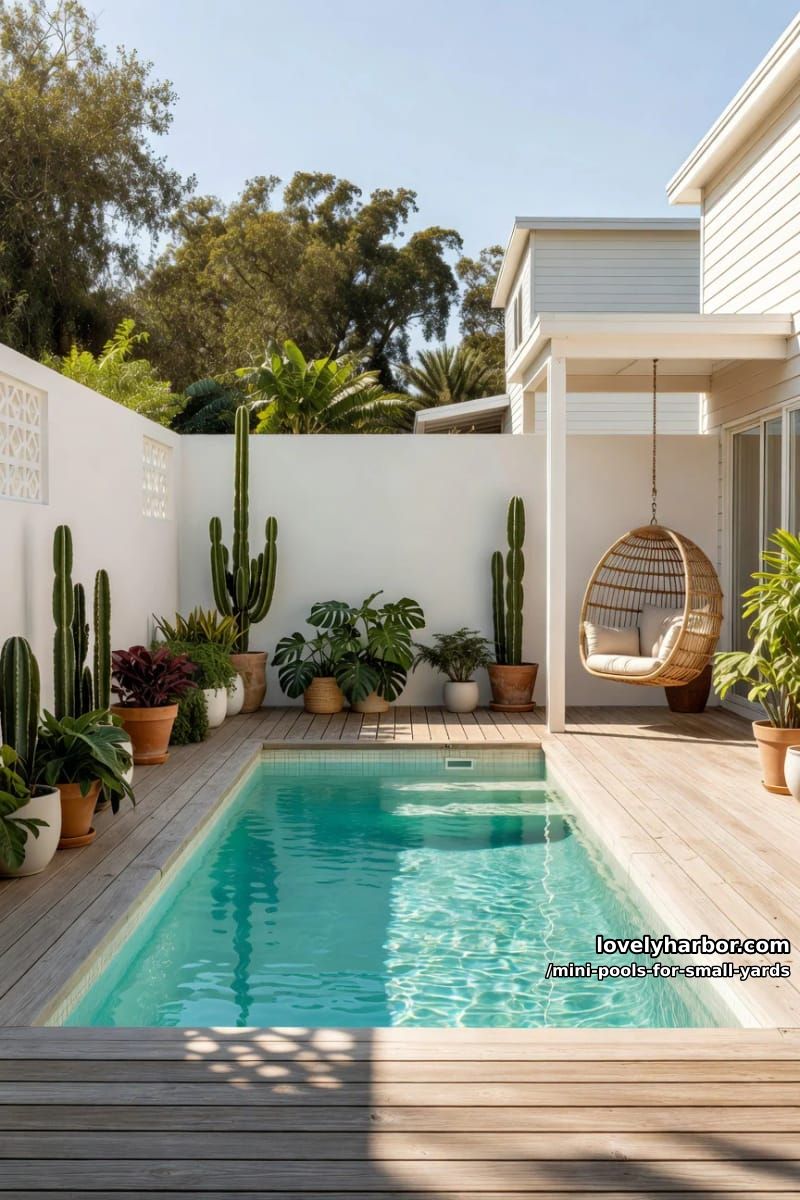 rectangular plunge pool, wooden deck, white privacy walls, potted cacti, and hanging chair. 1