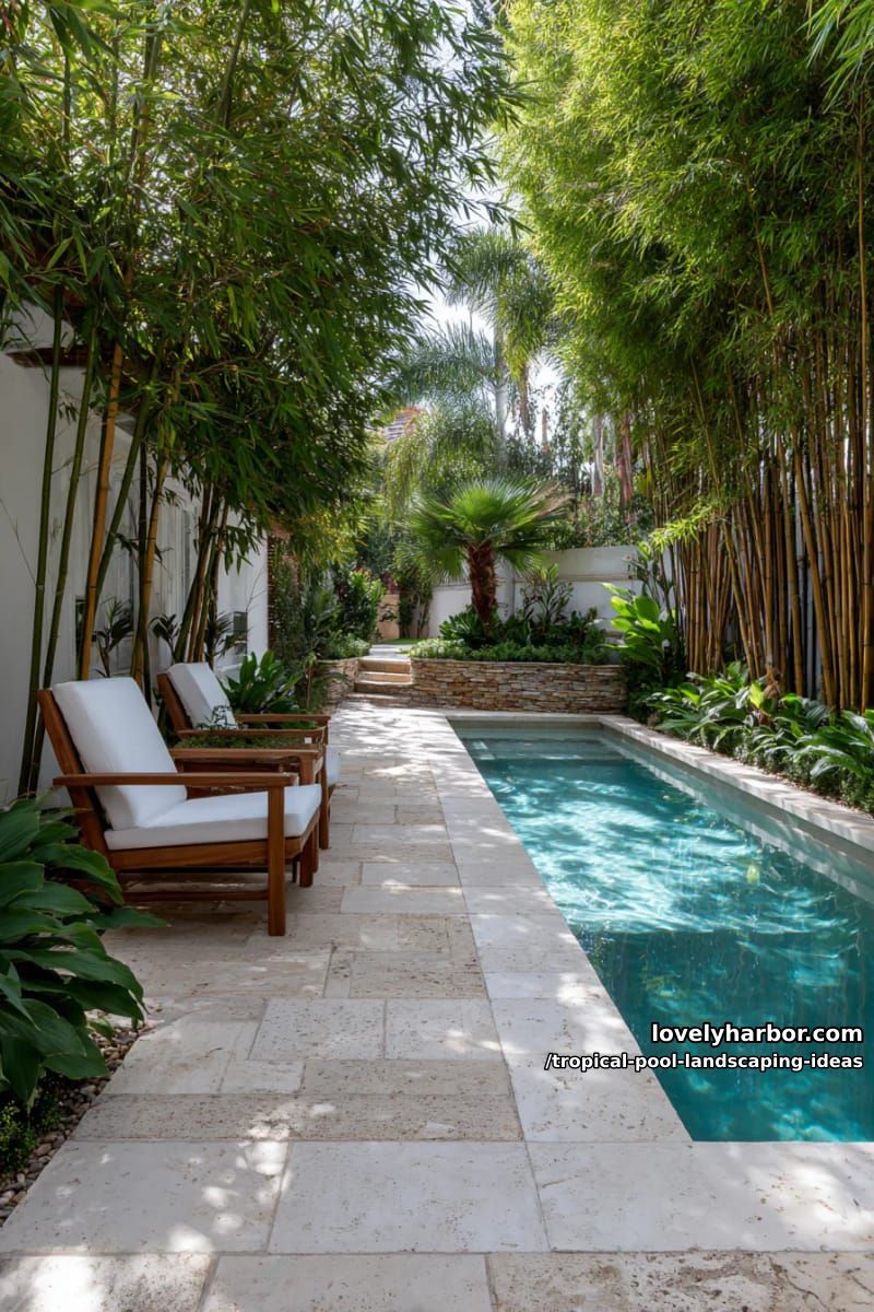 rectangular pool, beige tiles, bamboo privacy, wooden lounge chairs, tranquil oasis. 1