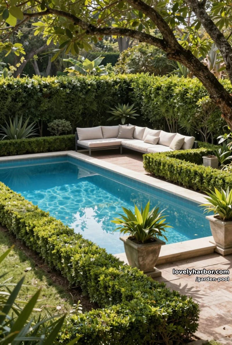 rectangular pool, boxwood hedges, sunken lounge, sectional sofa, secluded greenery. 1