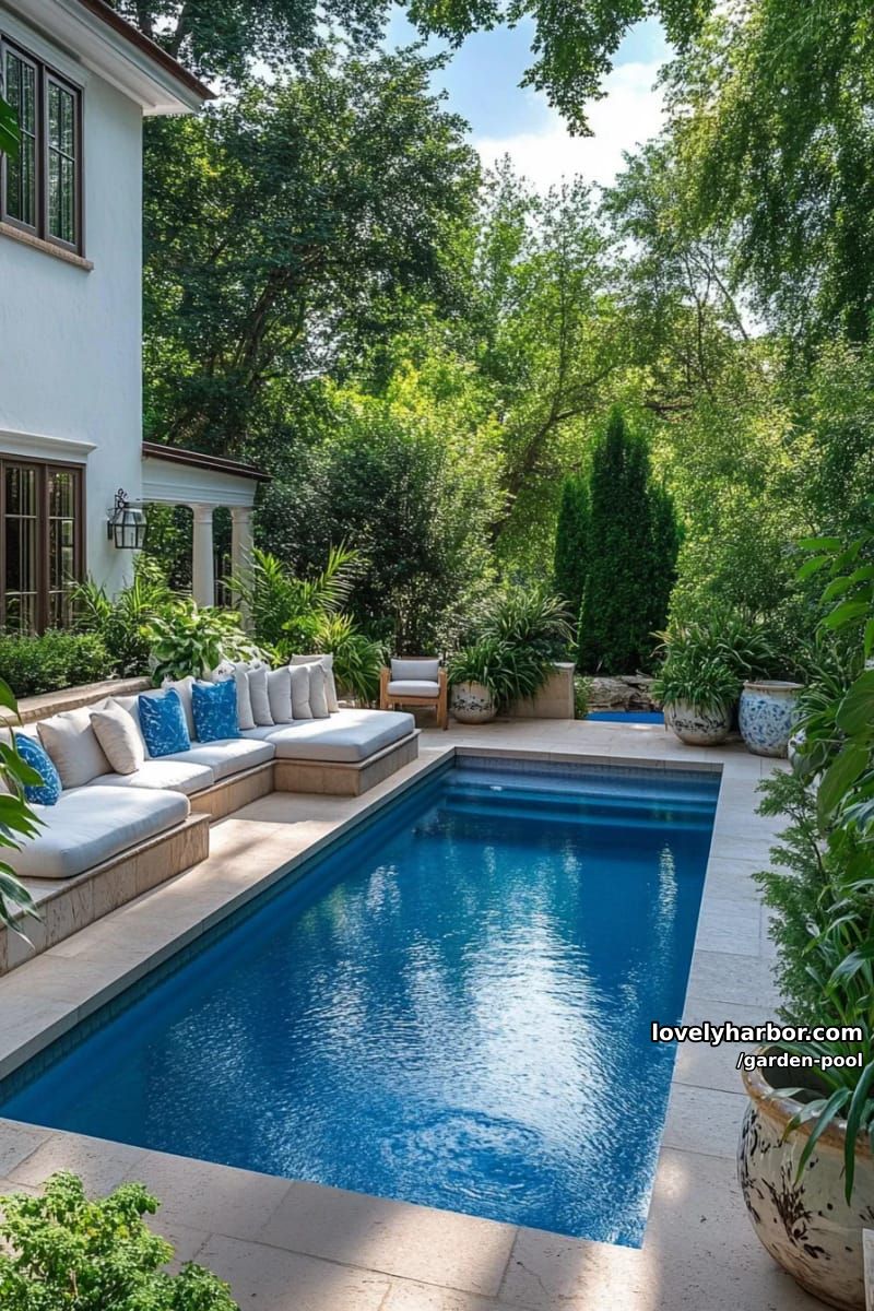 rectangular pool, boxwood hedges, sunken lounge, sectional sofa, secluded greenery. 1