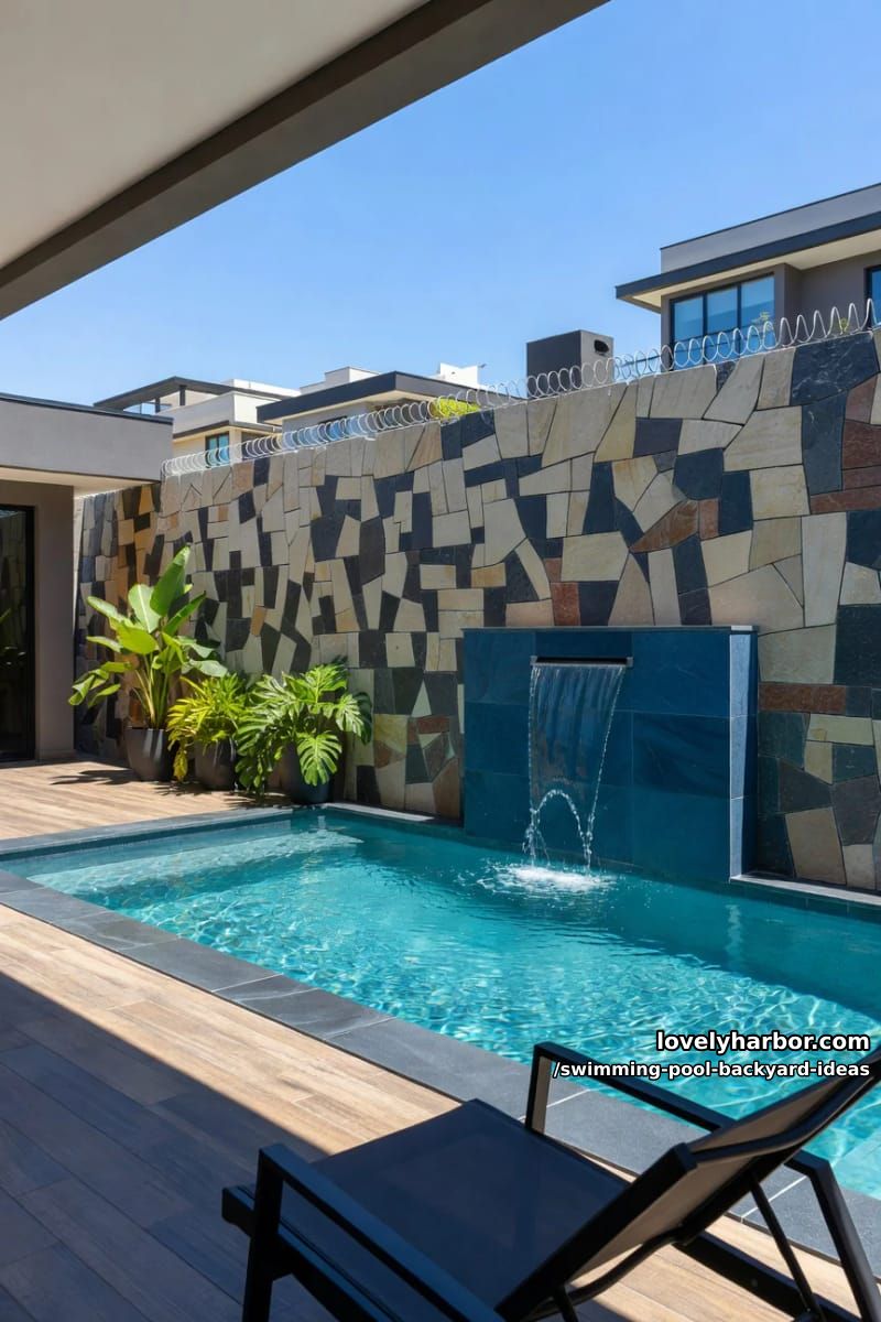 rectangular pool, dark stone coping, geometric water feature, and modern wall 1