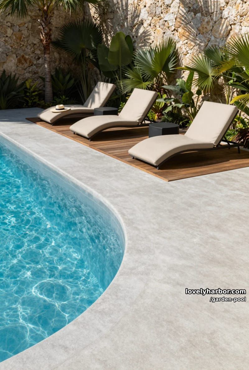 rectangular pool, gray concrete deck, plush beige lounge chairs, tropical plants, rustic wall. 1