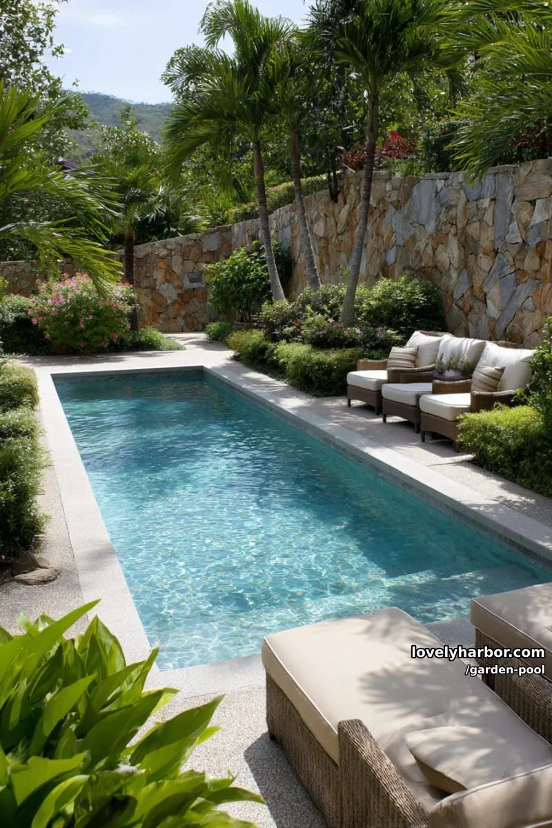 rectangular pool, gray concrete deck, plush beige lounge chairs, tropical plants, rustic wall. 1