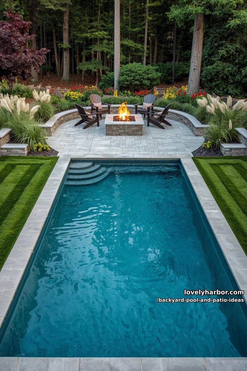 rectangular pool, gray stone, fire pit, adirondack chairs, lush landscaping, forest backdrop. 1