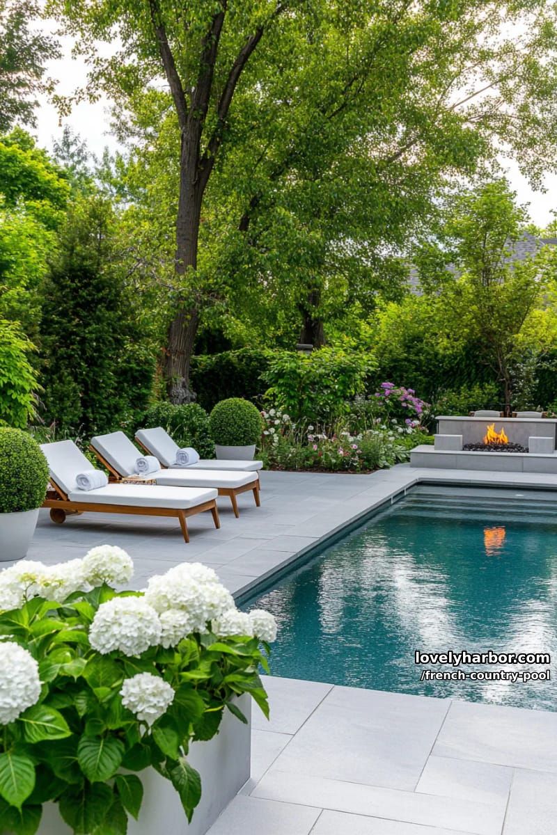rectangular pool, gray stone tiles, white lounge chairs, potted topiary, and modern fire pit. 1