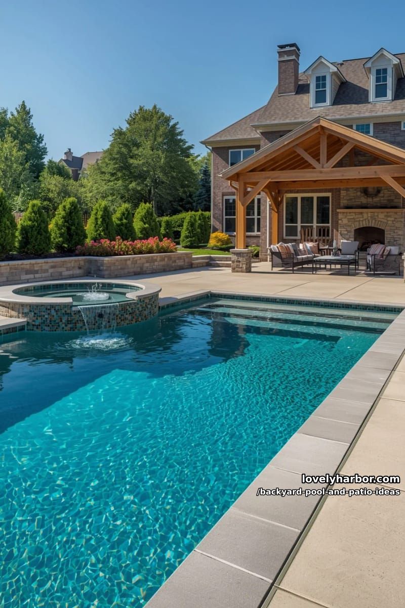 rectangular pool, hot tub, pavilion, fireplace, garden beds, brick house. 1