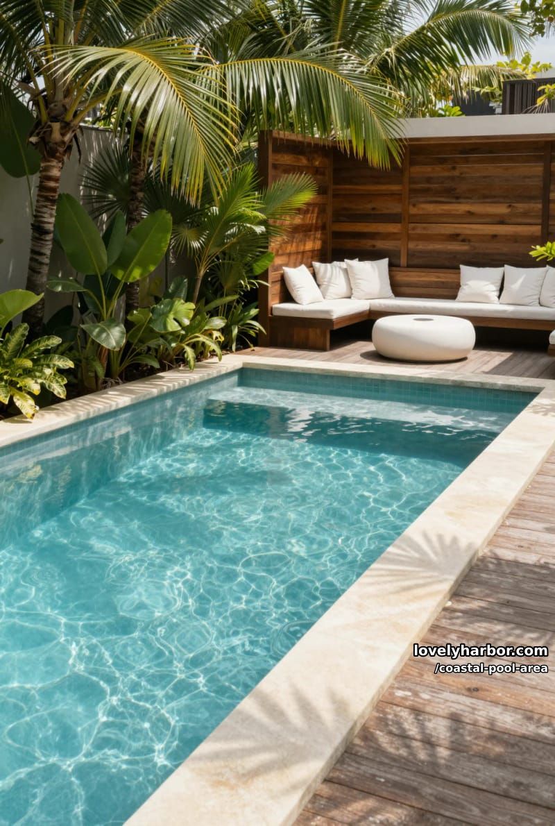 20 Unique Coastal Pool Area to Inspire Your Backyard 16 rectangular pool, lush plants, wooden bench, white pillows, dappled sunlight 1