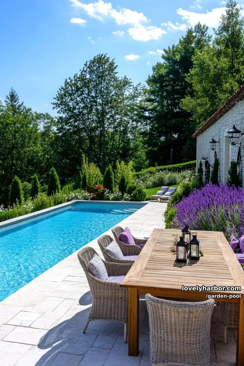 rectangular pool, manicured hedges, lavender, pergola dining area, elegant outdoor setting. 1
